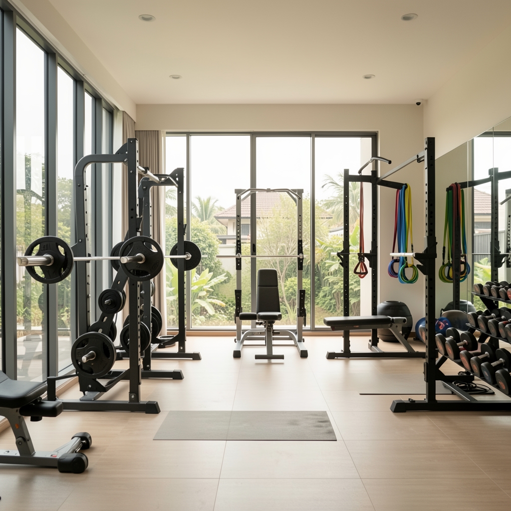 Wide angle view of a clean modern home gym setup in Jakarta with weight racks, resistance bands and natural light coming through large windows