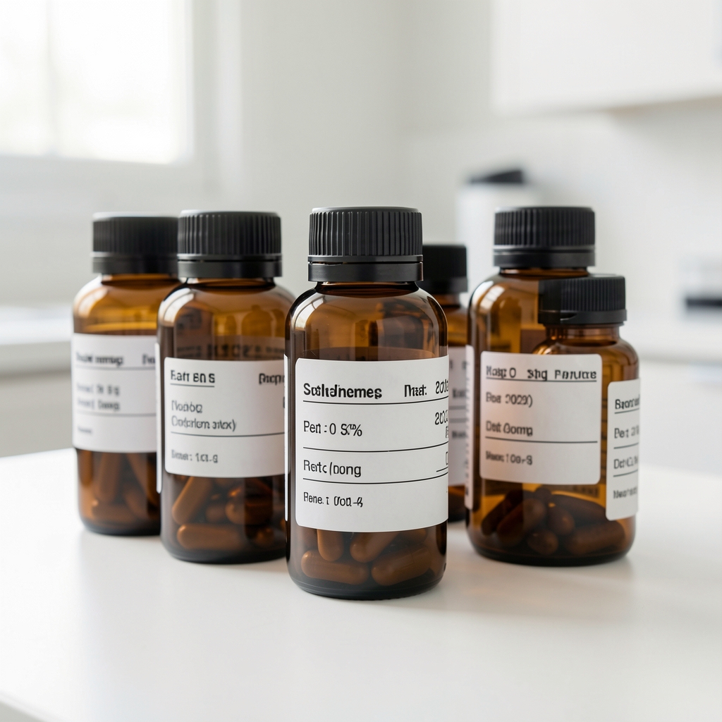 Close-up of amber glass supplement bottles arranged on a clean white surface in a well-lit preparation area with measurement labels visible
