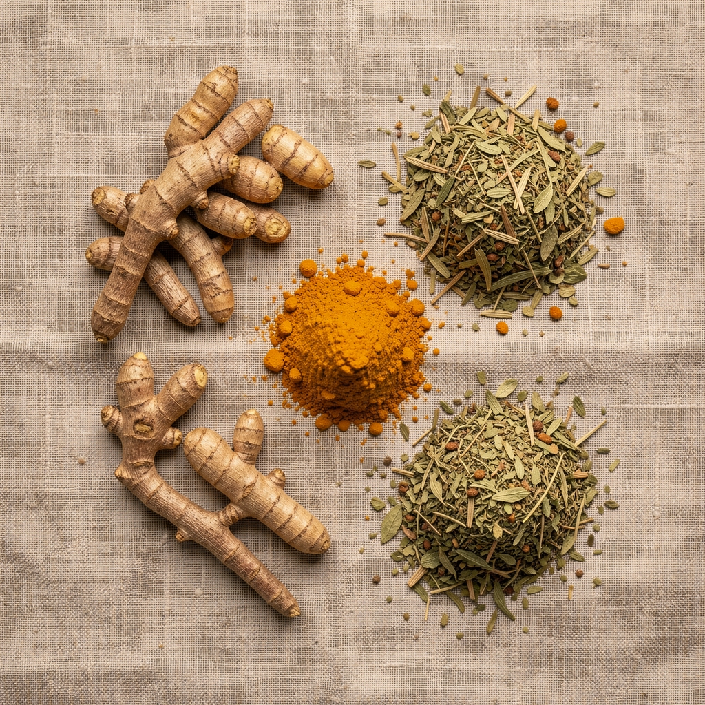 Overhead flat lay photograph of dried botanical herbs including ashwagandha root and turmeric powder arranged on natural linen fabric