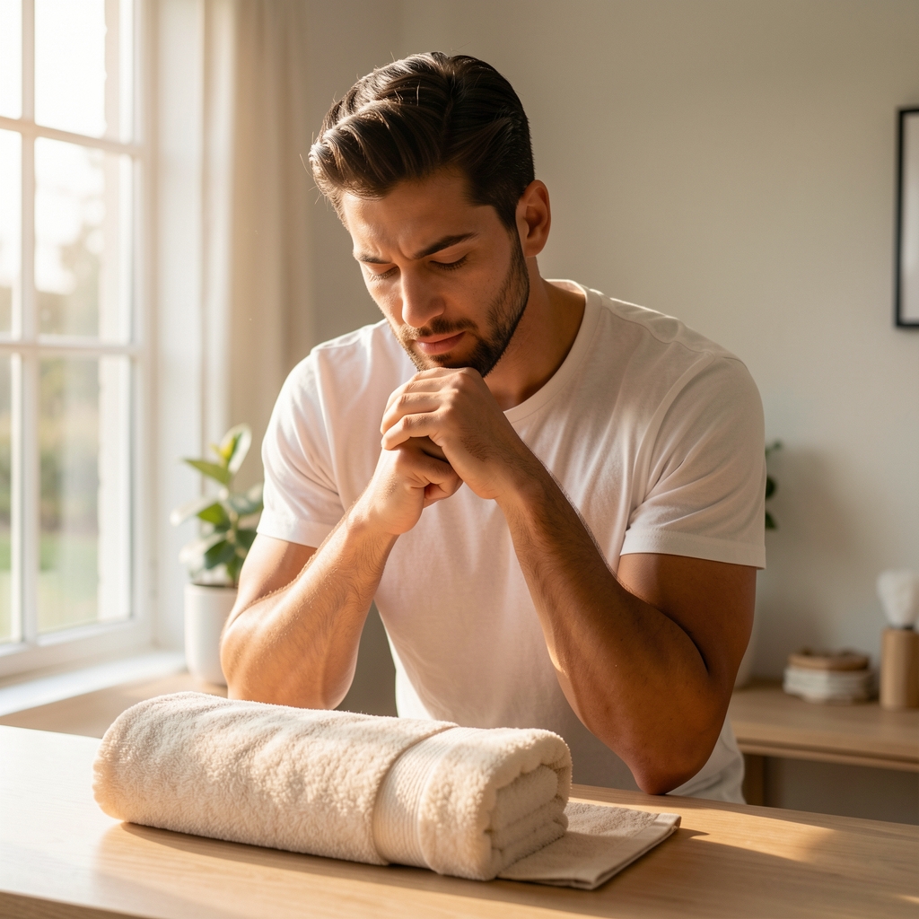 Morning preparation ritual showing a man's hands measuring supplement powder into a shaker on a kitchen counter with morning sunlight from the window
