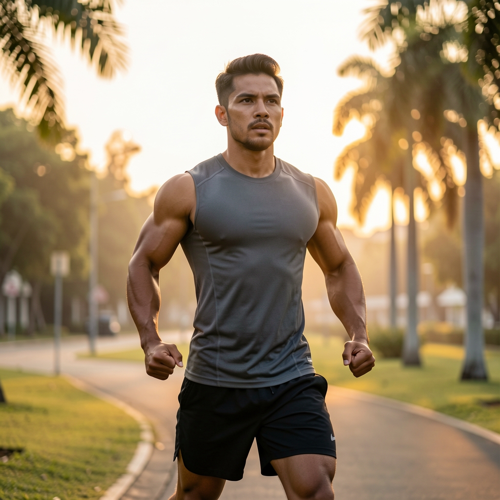 Active man performing a morning workout routine outdoors at dawn in Jakarta, athletic clothing, focused expression
