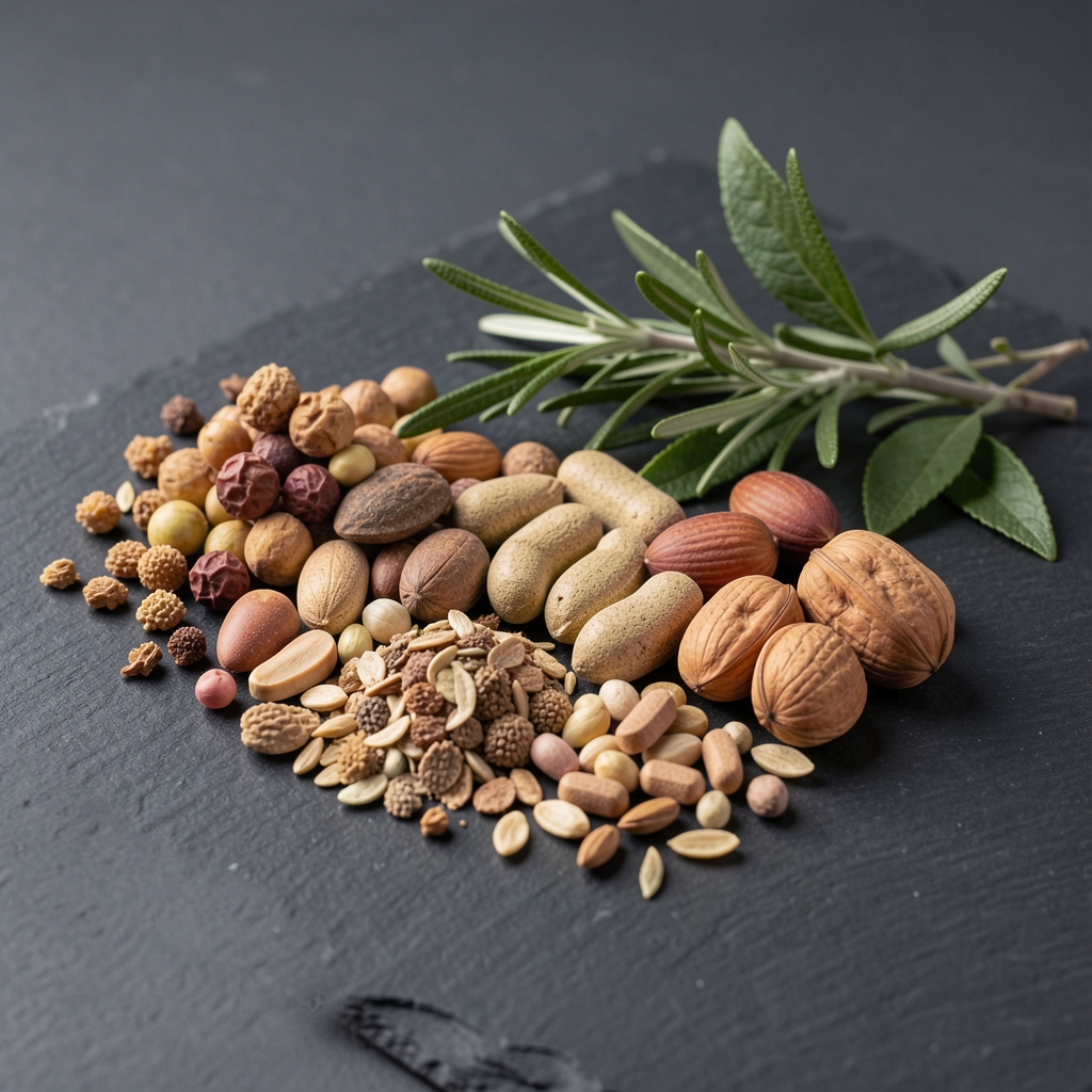 Close-up of natural plant-based supplement ingredients laid on a dark slate surface with natural studio lighting