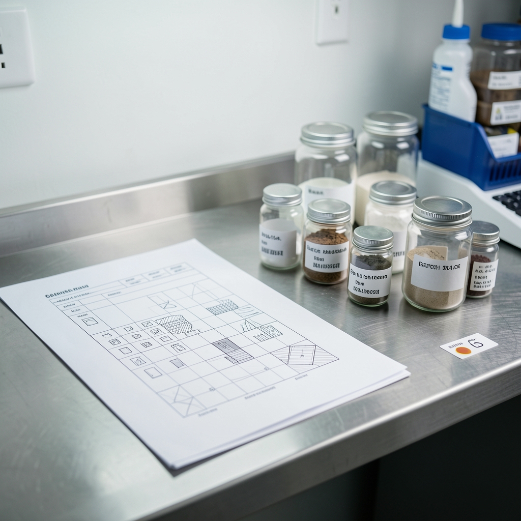 Detailed view of a quality control workspace with printed composition charts, specimen jars, and batch identification labels arranged on a stainless steel workbench under bright studio lighting
