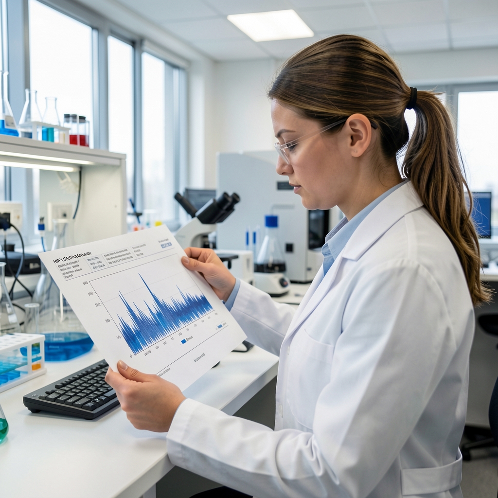 Laboratory analyst examining a printed HPLC chromatograph report under controlled bright lighting in a modern analytical laboratory setting