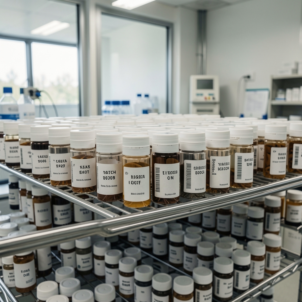 Rows of precisely labelled sample containers on a storage rack in an orderly quality control environment with batch codes clearly visible