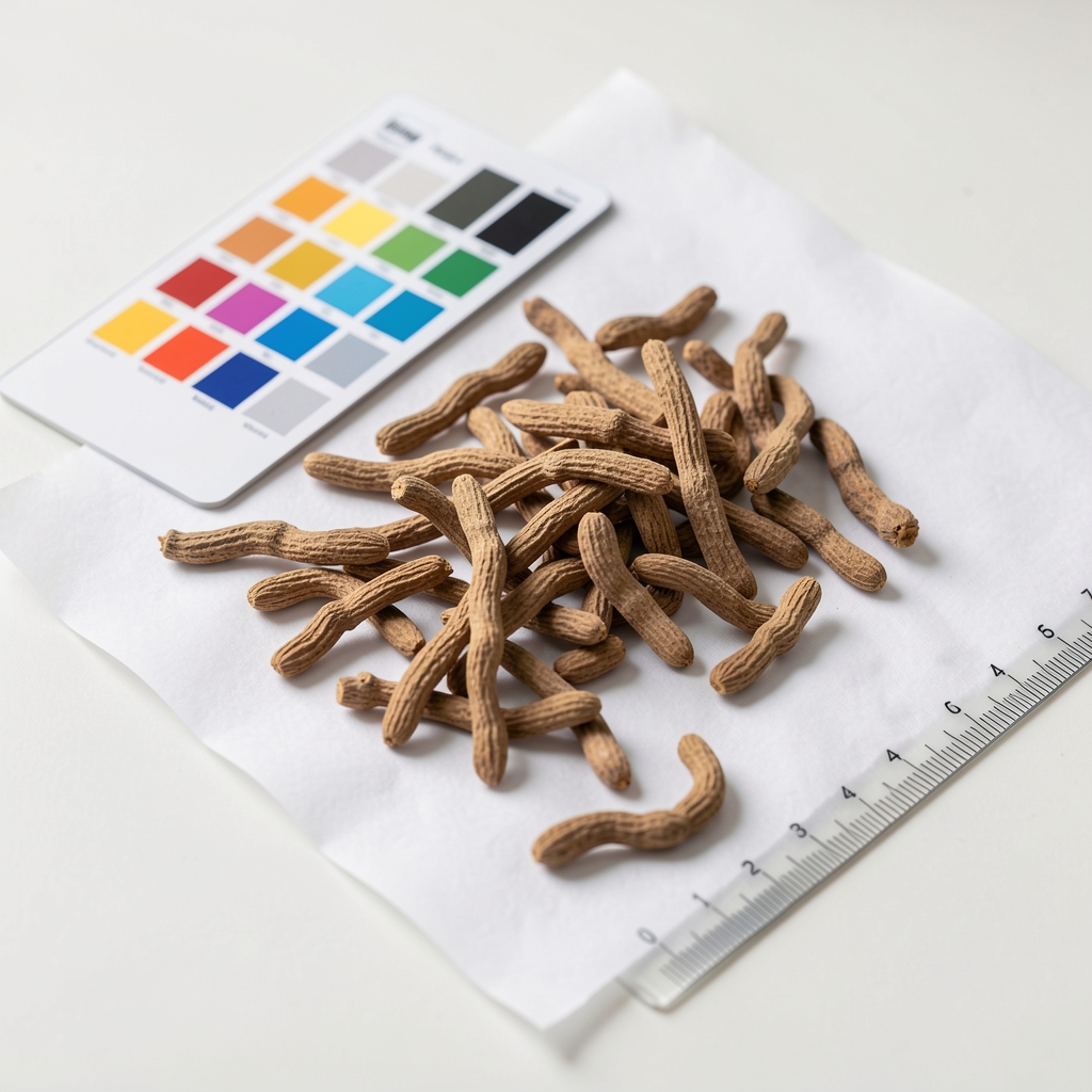 Botanical ingredient inspection showing dried ashwagandha root samples spread on white paper with a reference colour chart and measurement scale