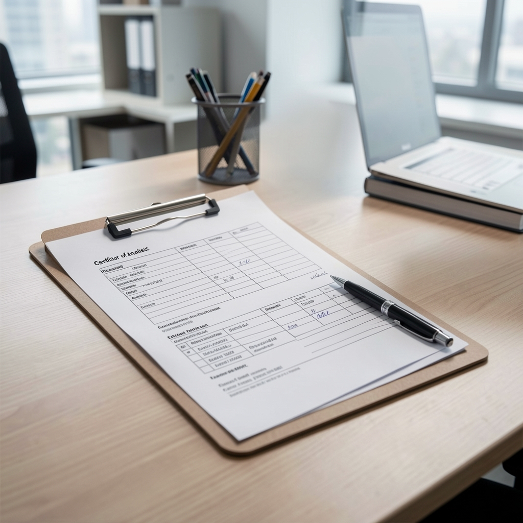 Supplier documentation review showing a clipboard with certificate of analysis forms and a pen in a professional administrative workspace
