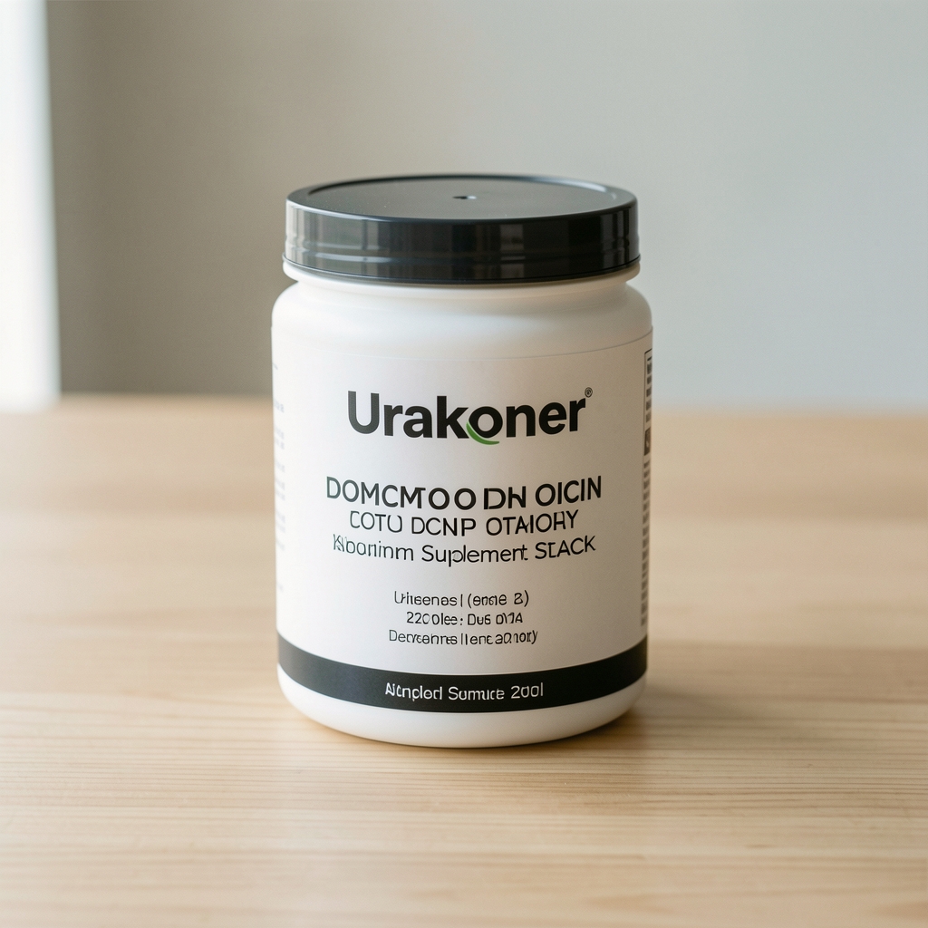 Urakoner daily composition stack supplement container on clean wooden surface with natural daylight illumination