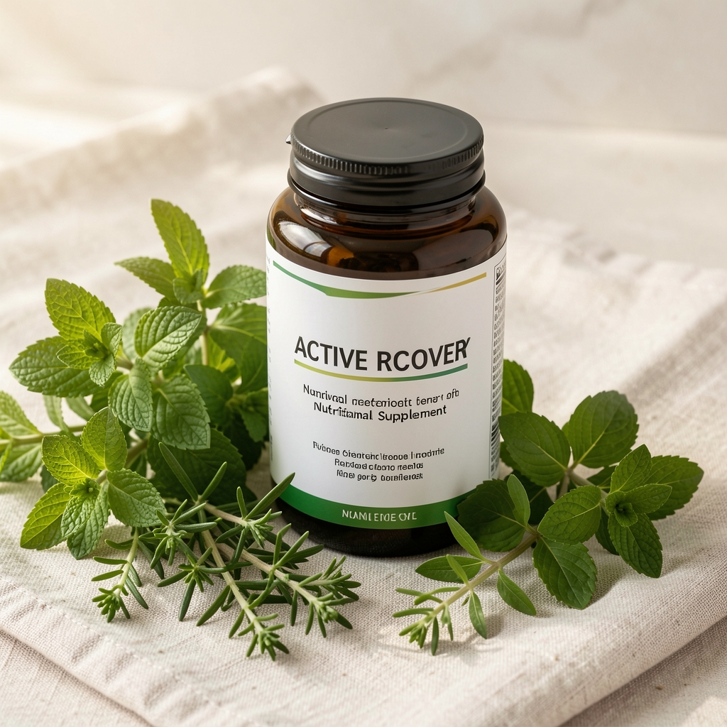 Active recovery nutritional supplement packaging displayed alongside fresh green botanicals on a light linen cloth