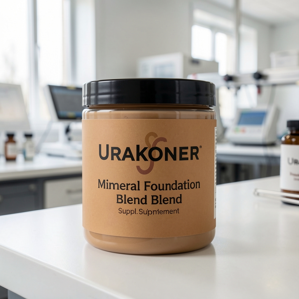 Urakoner mineral foundation blend supplement jar with earth-toned label photographed in a quality-control environment
