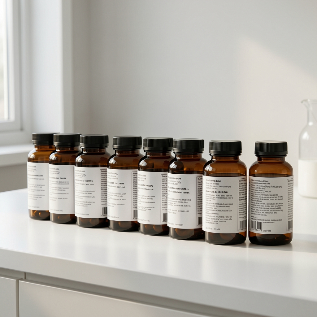 Row of dark amber supplement bottles with printed composition labels on a white preparation counter with natural morning light and clean background