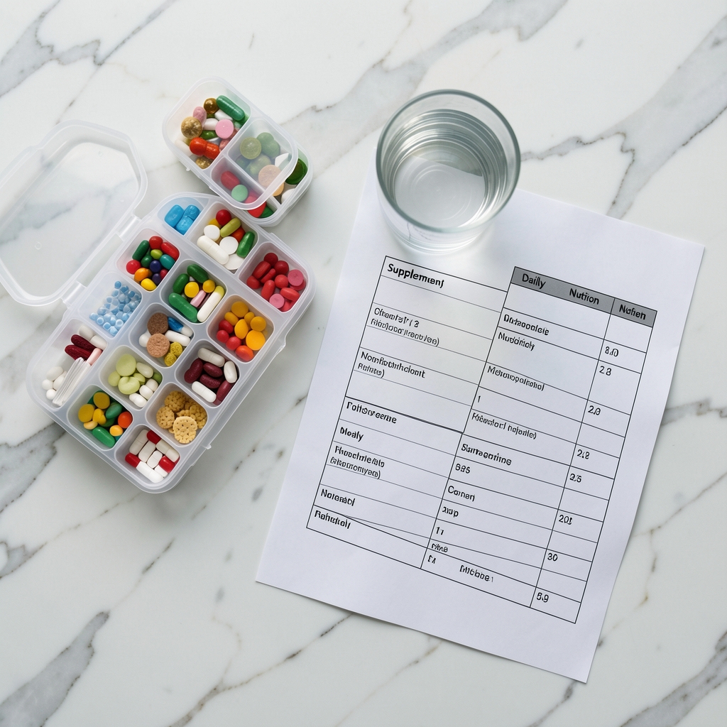 Overhead view of a daily supplement layout with labeled serving organizer, a glass of water, and a printed weekly nutrition schedule on white marble surface
