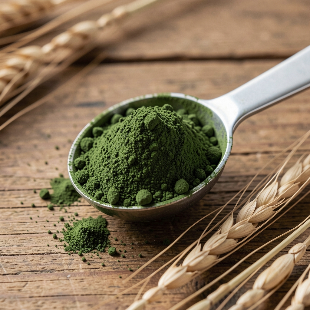 Close-up of dark green matcha powder and spirulina blend in a measuring spoon resting on a wooden surface with natural fibers visible