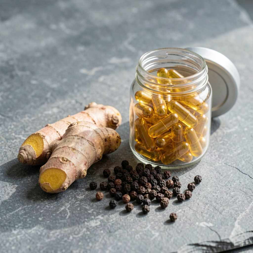 Turmeric root and black pepper corns arranged beside a small glass jar of golden soft-gel supplements on a grey stone surface in natural daylight