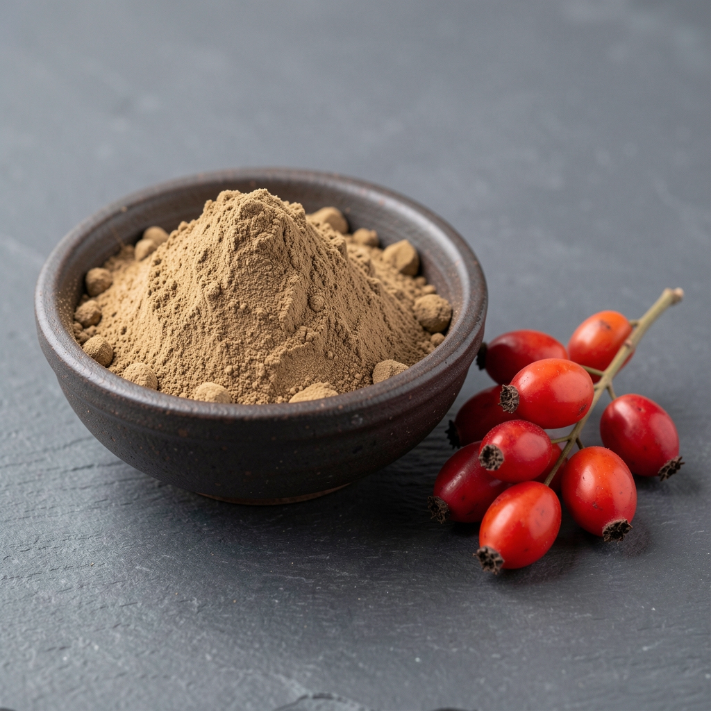 Ashwagandha root extract powder in a dark ceramic bowl next to fresh rosehip berries on a slate grey surface with soft controlled lighting