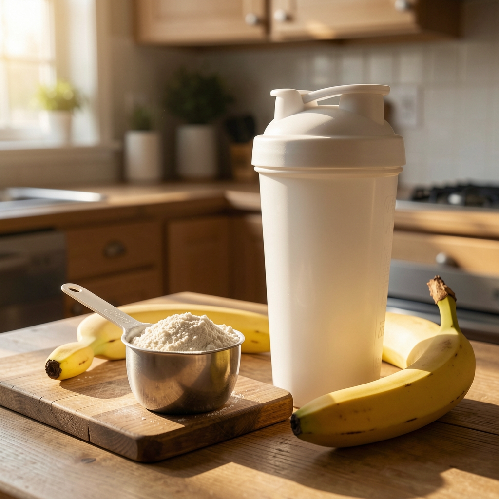 Protein powder in a measuring scoop beside a clean white shaker bottle and a banana on a wooden kitchen counter with early morning sunlight