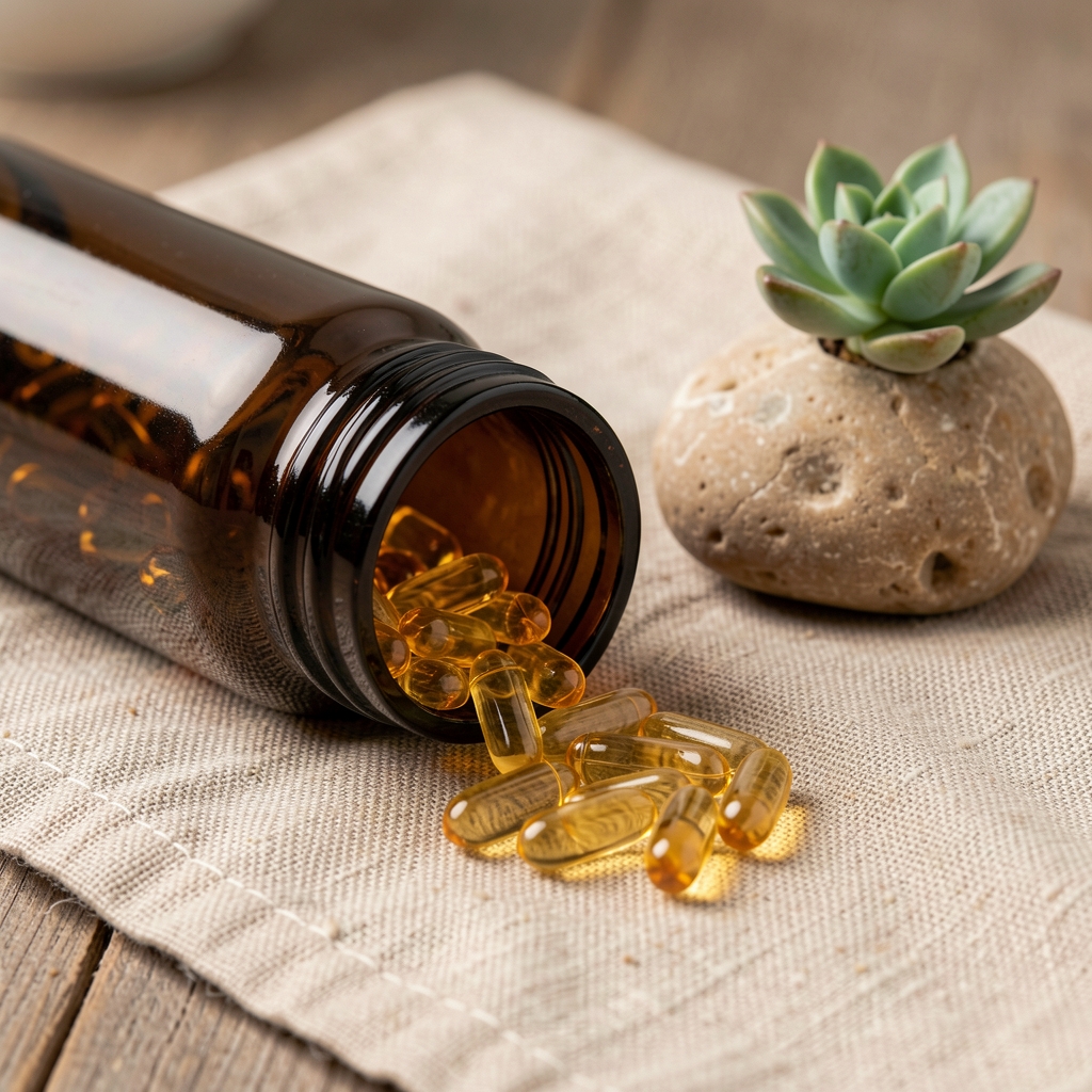 Omega-3 fish oil soft-gels spilled from a dark glass bottle on a natural linen cloth with a small succulent plant and natural stone in the background