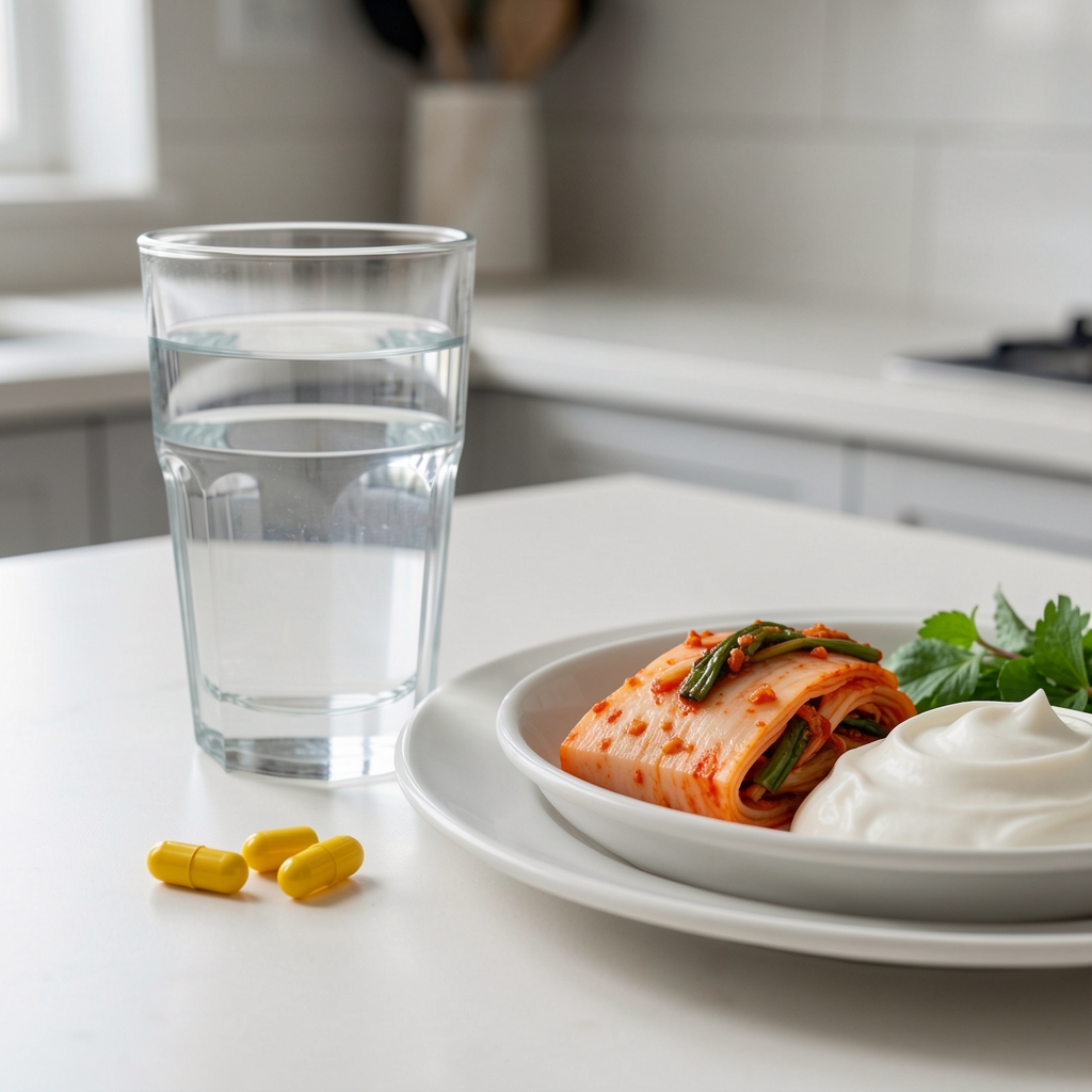Probiotic soft-gel supplement close-up with a glass of water and a plate of fermented foods including kimchi and yogurt on a clean kitchen surface