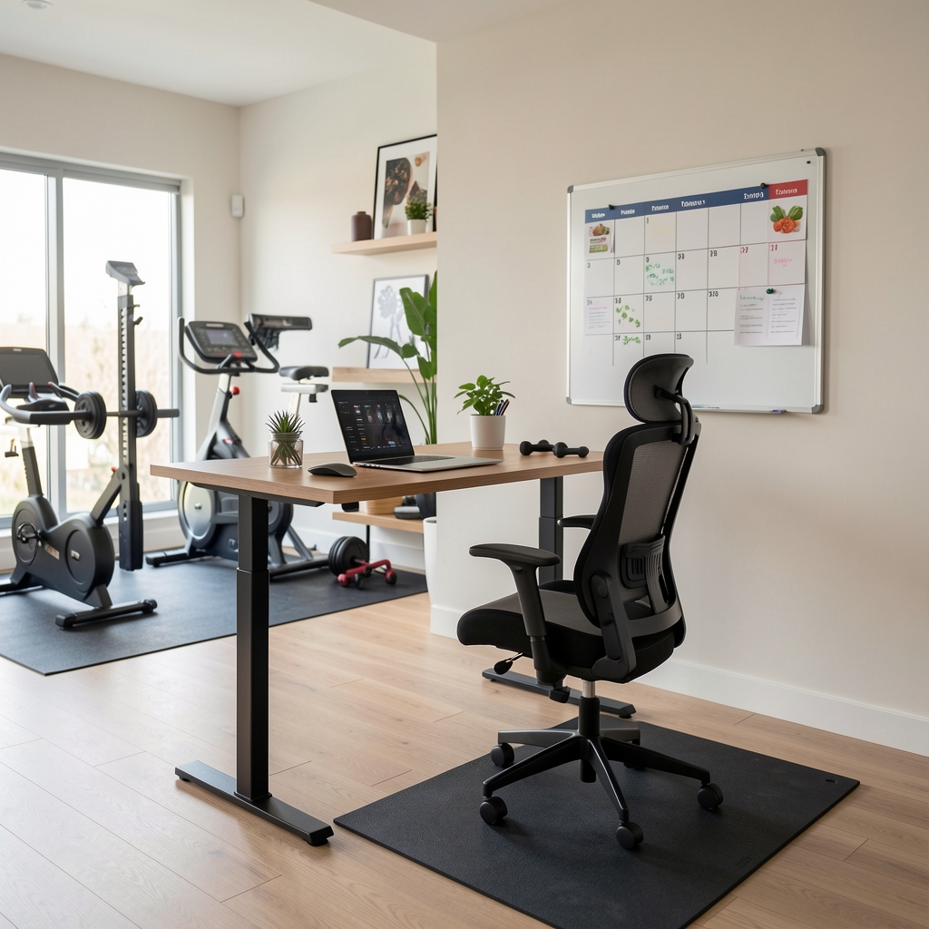 Wide shot of a modern active lifestyle workspace with a standing desk, fitness equipment visible in the background and a nutrition planning calendar on the wall